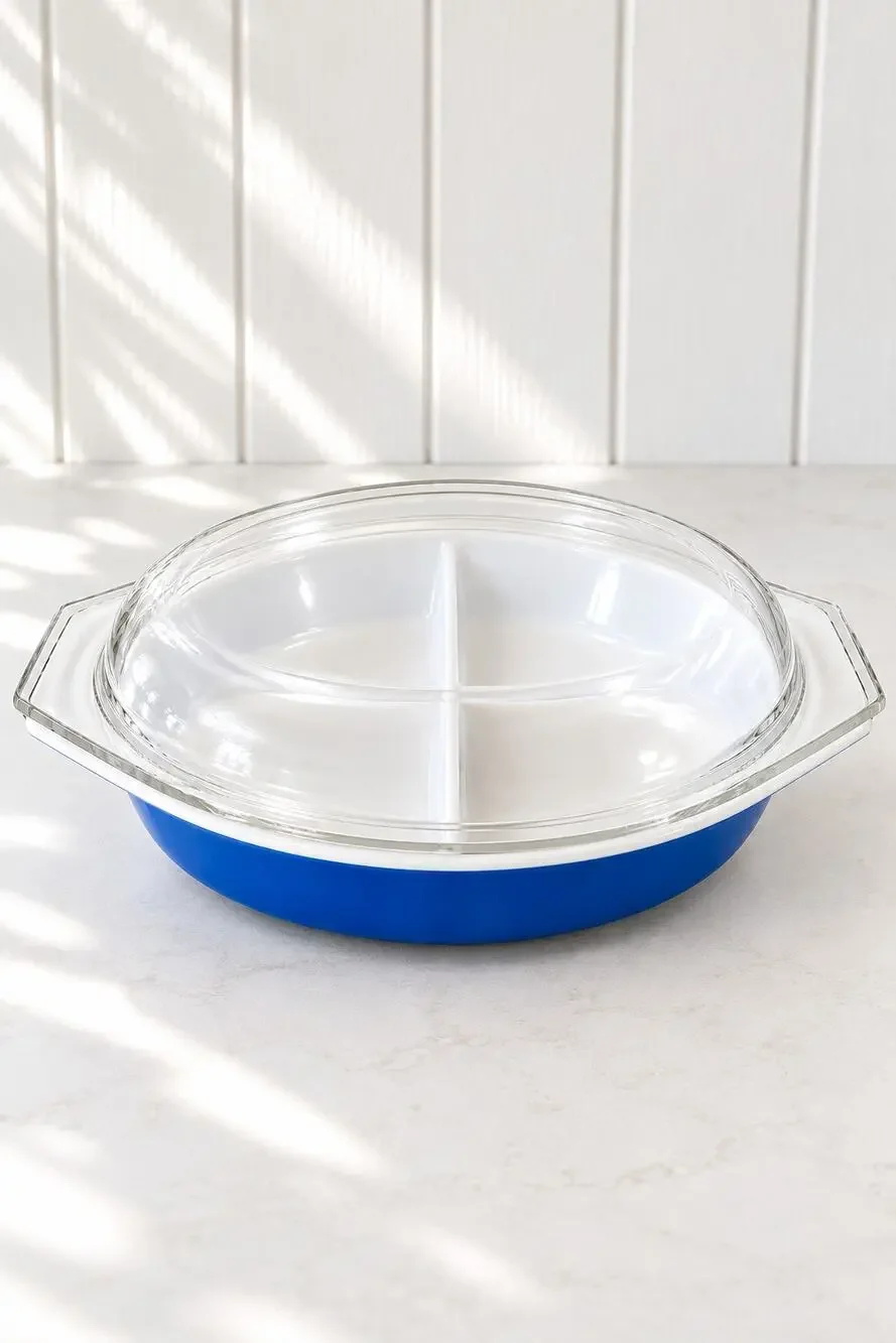 Pyrex Blue Oval Divided Casserole Dish 1.5 Qt With Clear Lid USA Vintage